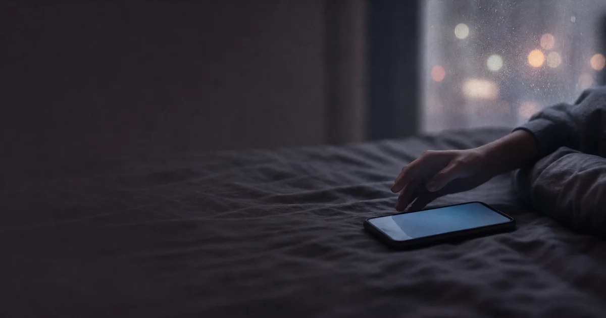 夜、手の中のスマートフォンの画面を見つめる人。返事を待つ時間の長さ