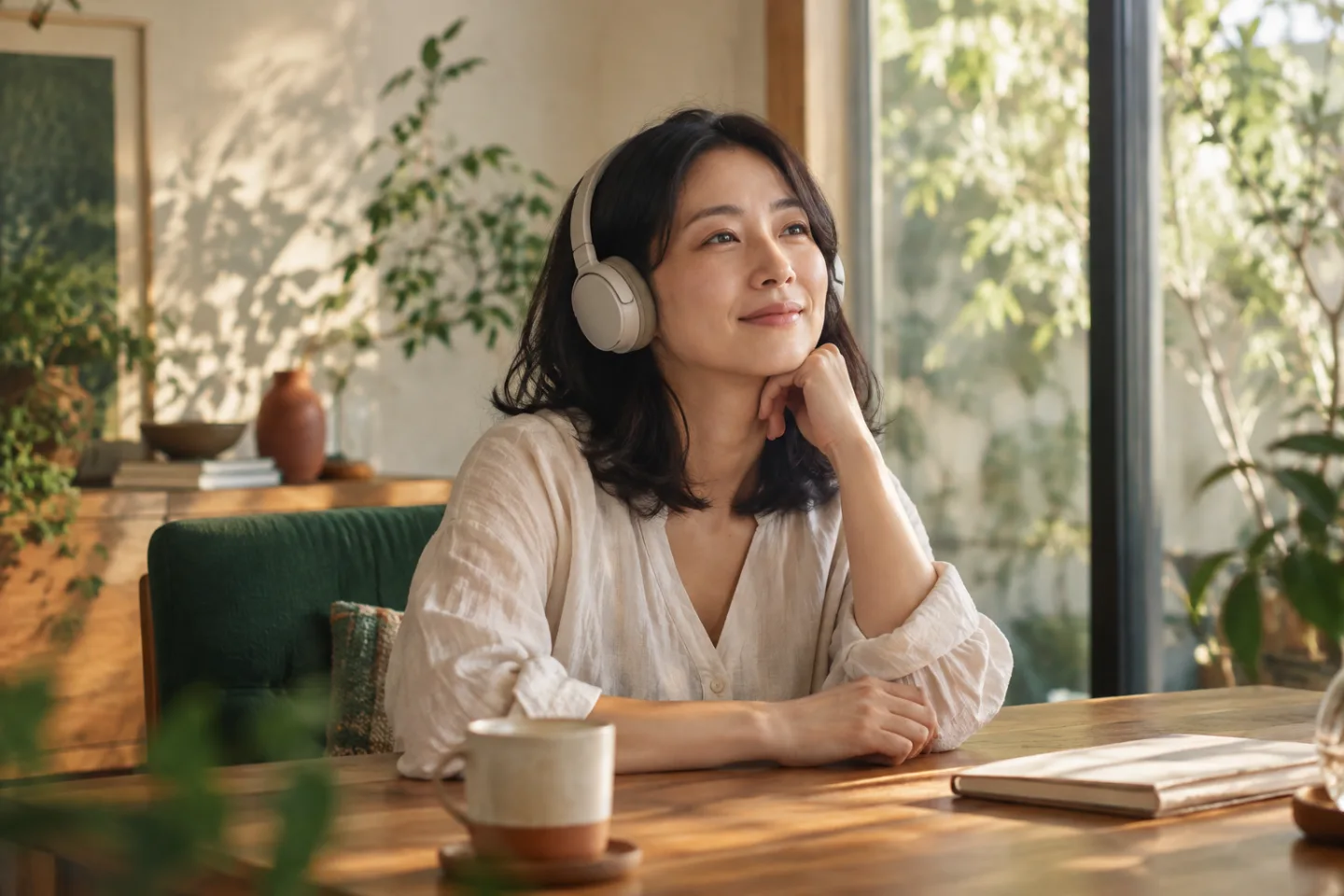自宅でヘッドホンをつけ、穏やかに話を聴くイメージ