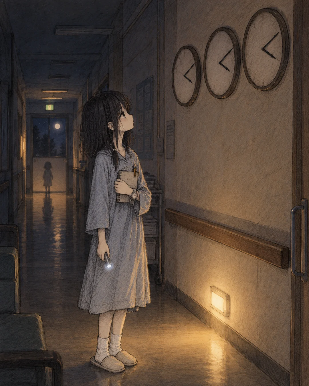夜の病棟の廊下に立つ澪。壁には時計が三つ並び、常夜灯が床を照らしている