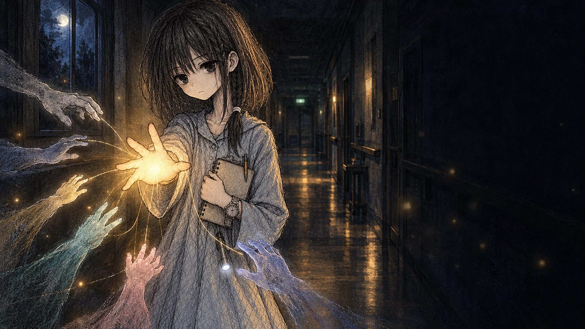 てのひら病棟のタイトル画面。夜の病棟の廊下で、入院着の少女が光る手を差し出している